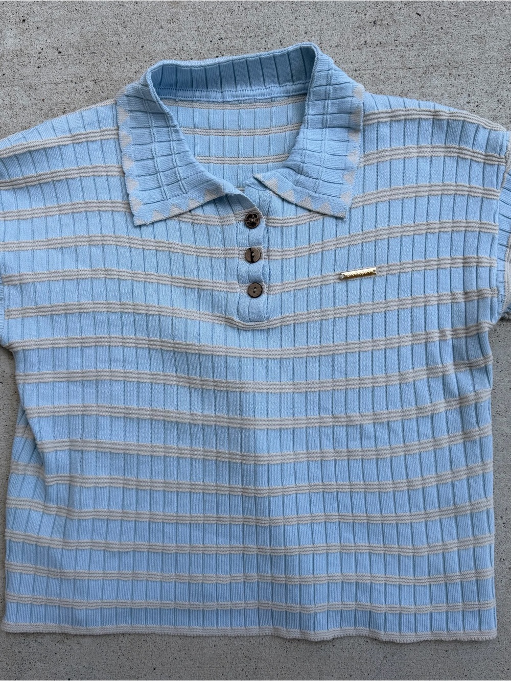 Vintage Givenchy Ribbed Knit Striped Polo Gold Logo Blue Cream XS/S
